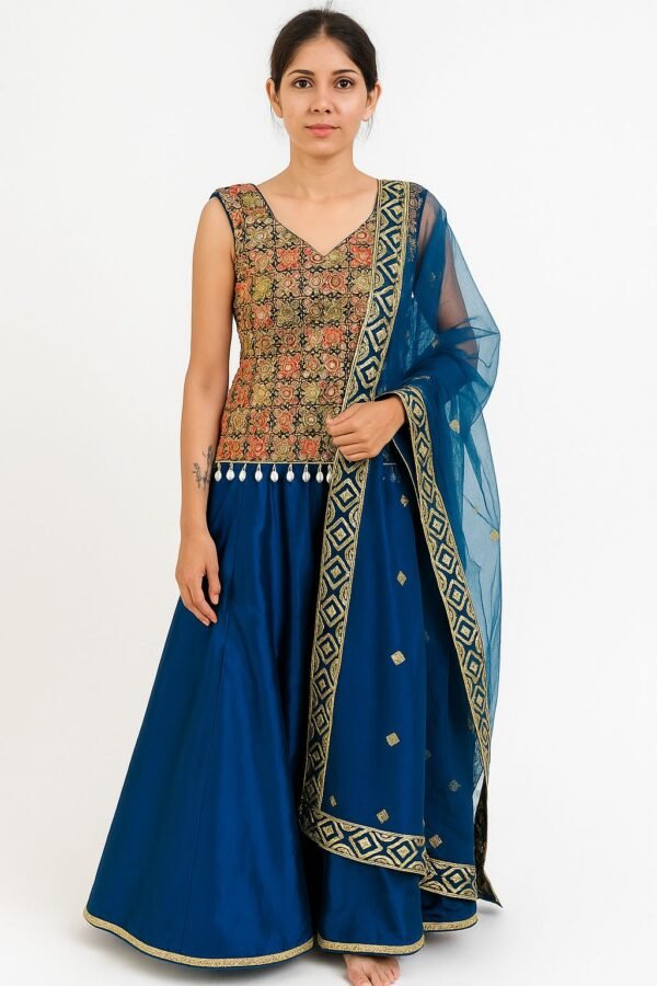 Women's Pure Satan Embroidered Work Blue Sarara Short Kurti With Dupatta