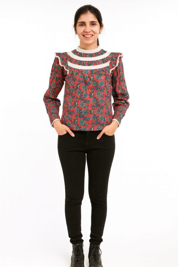 Vestaci Pure Cotton Rust Red Round Collar Full Sleeve Top