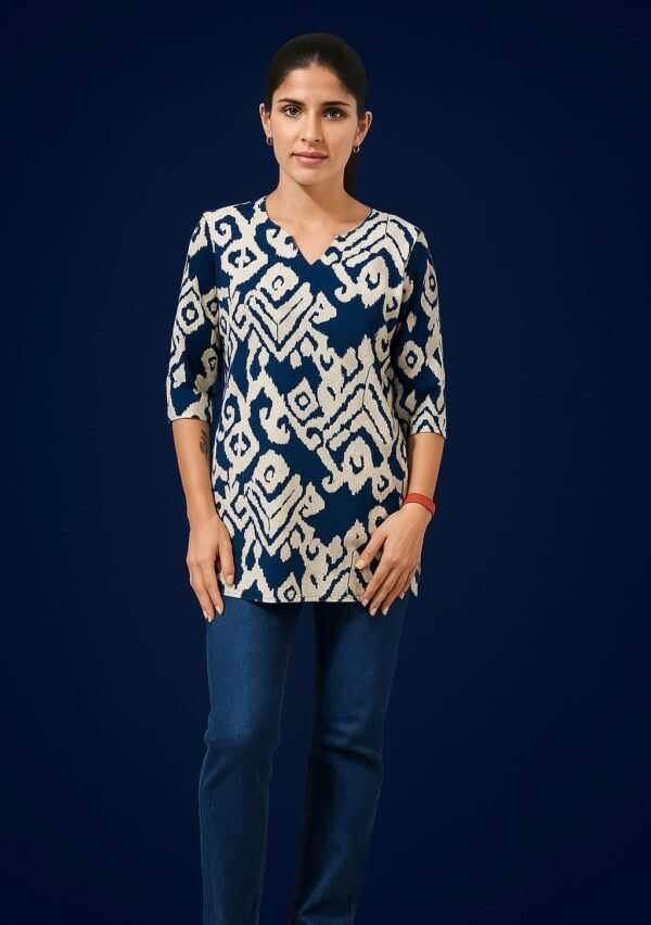 Vestaci Pure Cotton Navy Blue with White Printed Regular Sleeve Kurti