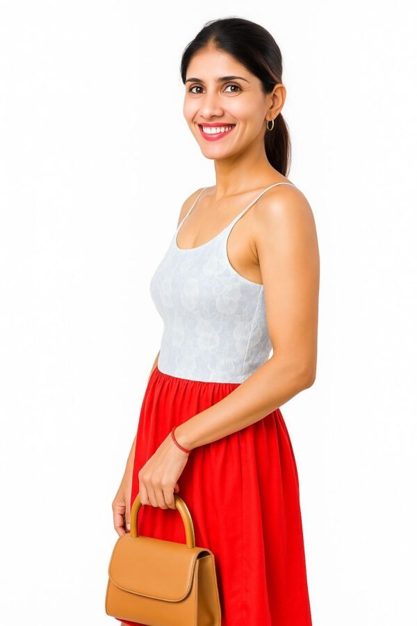 Vestaci Pure Lycra Red with White and Navy Blue Knee-Length Sleeveless Dress Top