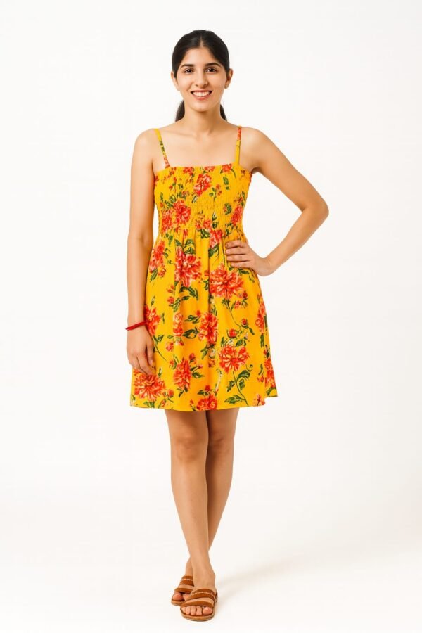 Vestaci Georgette Premium Fit and Flare Yellow Printed Western Dress